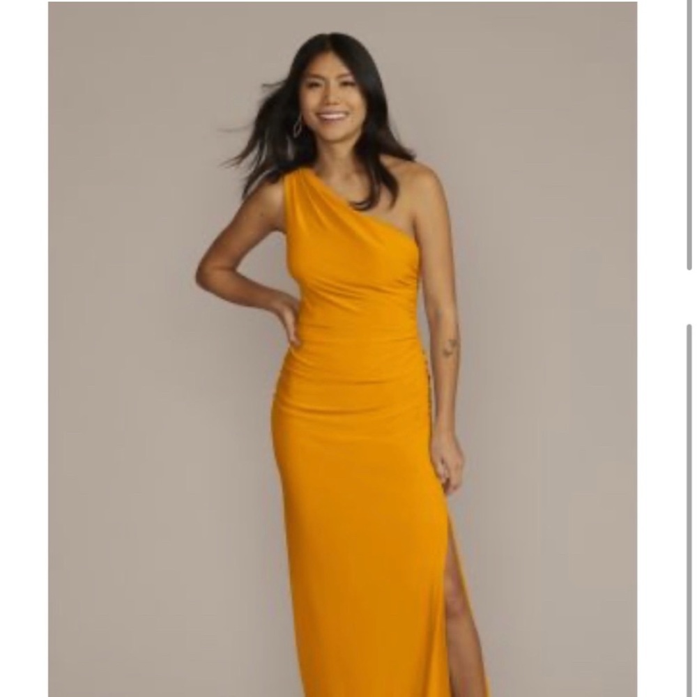 David’s Bridal ruched jersey one-shoulder bridesmaid dress